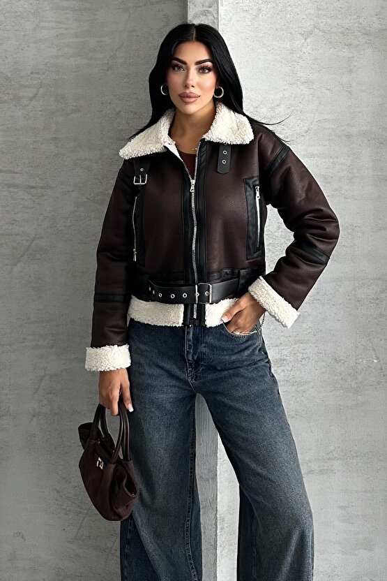 Kadın Kemerli İçi Kürklü Deri Mont - Biker Deri Ceket
