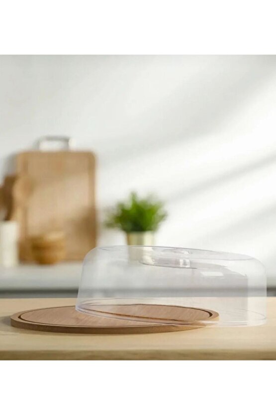 Akrilik Kapaklı Kek Fanusu – Ahşap Tabanlı Pasta Sunum Fanusu | Kapaklı Saklama ve Sunum Kabı