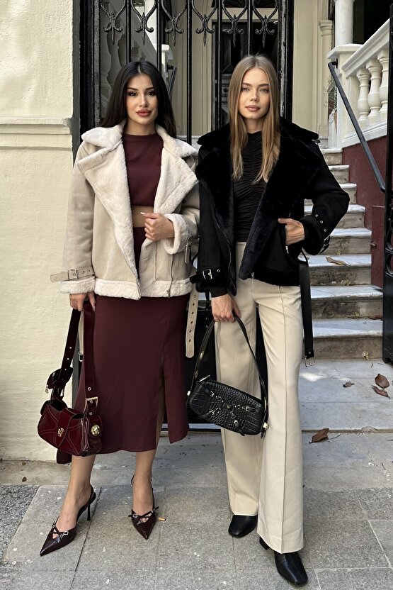 Kadın Içi Rapitli Kemer Detaylı Süet Mont