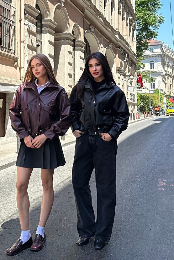 Kadın Oversize Biker Deri Ceket - Çift Büyük Cepli Bomber Kalıp