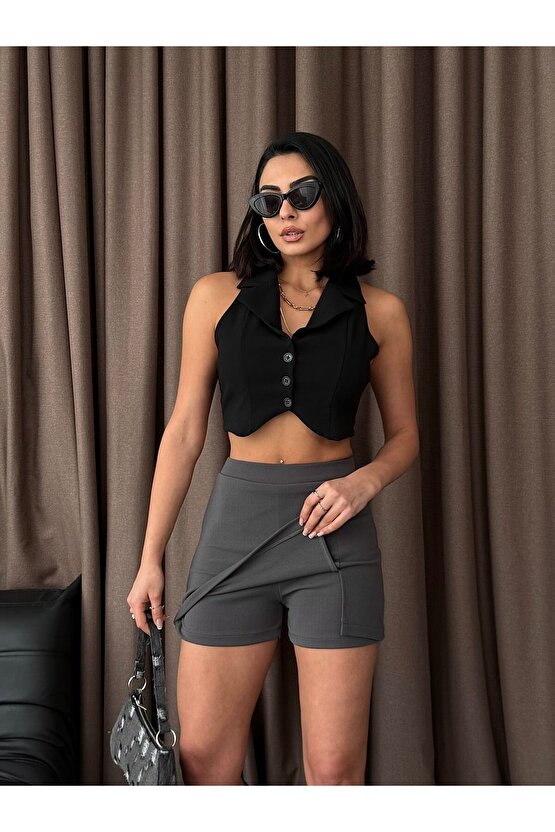 2li Yırtmaçlı Mini Şort Etek