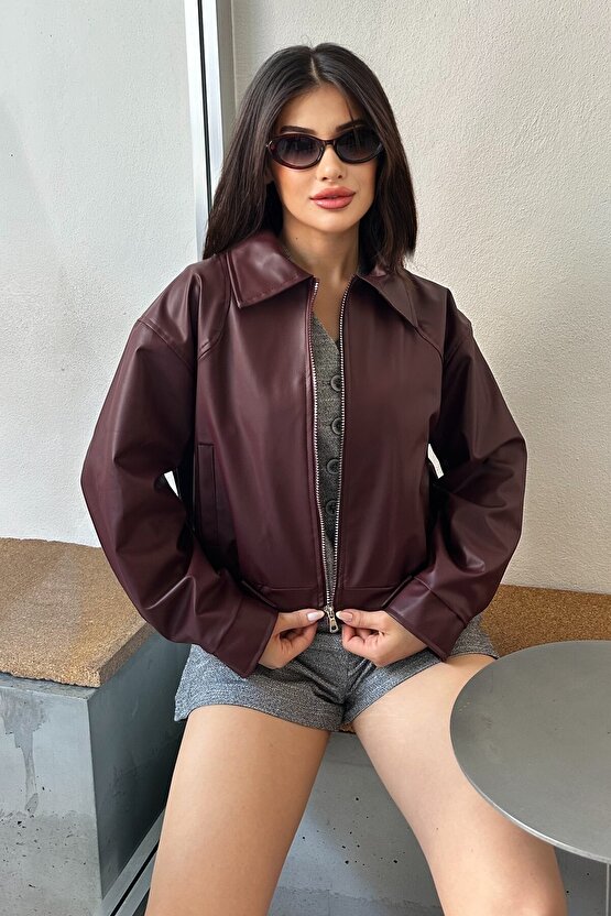 Yakalı Suni Deri Bomber Ceket