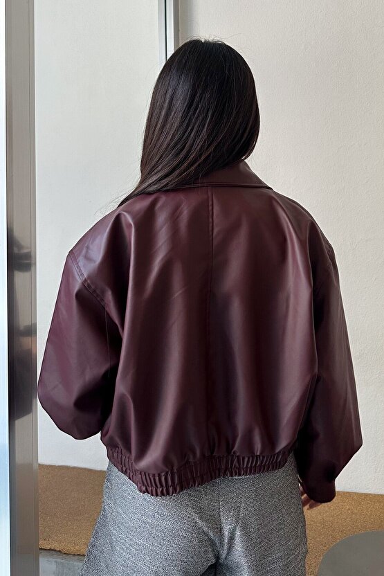 Yakalı Suni Deri Bomber Ceket