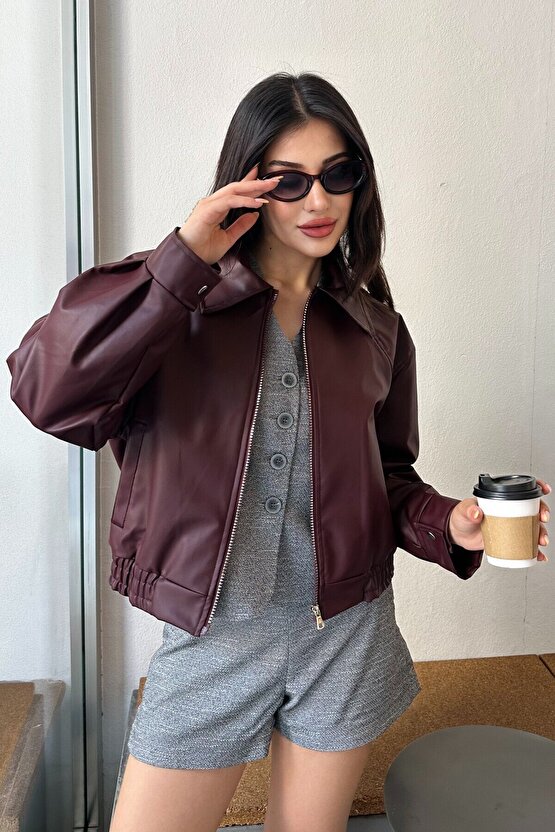 Yakalı Suni Deri Bomber Ceket