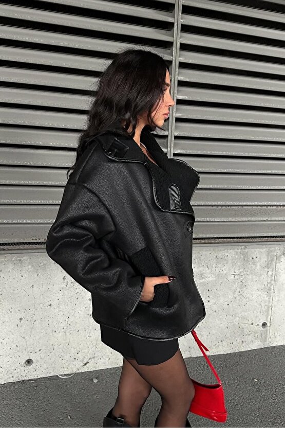 Else Siyah Dokulu Süet Içi Peluşlu Oversize Zr Model Mont