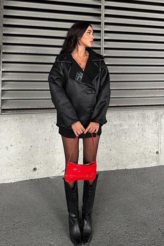 Else Siyah Dokulu Süet Içi Peluşlu Oversize Zr Model Mont