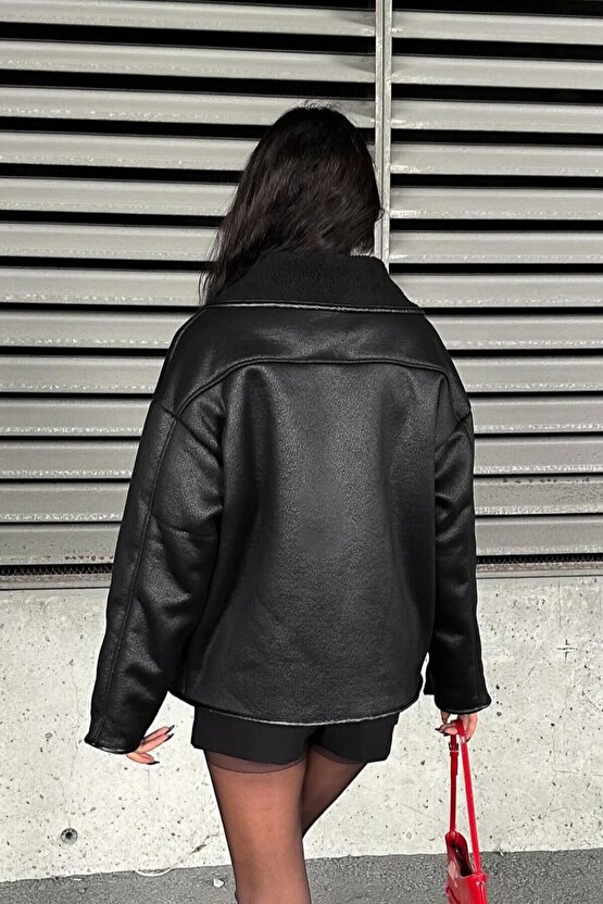 Else Siyah Dokulu Süet Içi Peluşlu Oversize Zr Model Mont