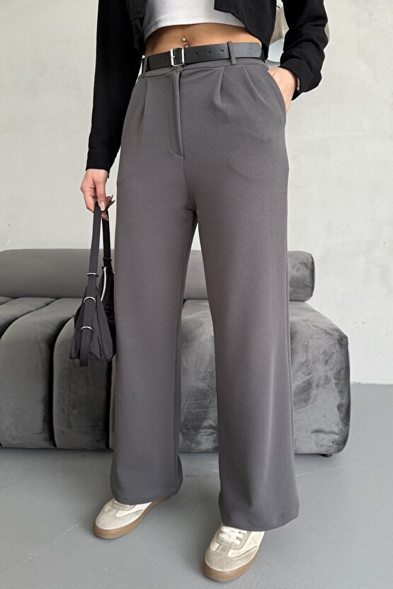 Yüksek Bel Bol Paça Kemerli Likralı Kadın Palazzo Pantolon - Gri