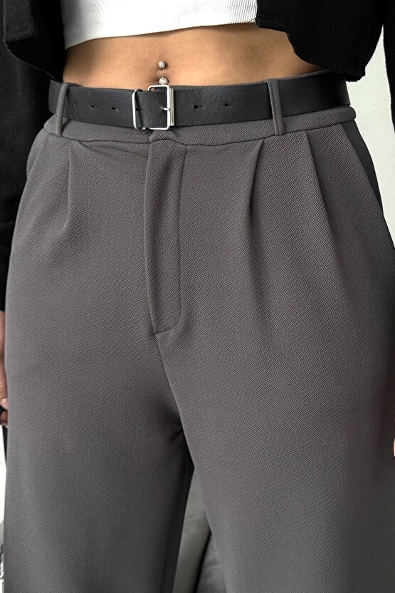 Yüksek Bel Bol Paça Kemerli Likralı Kadın Palazzo Pantolon - Gri