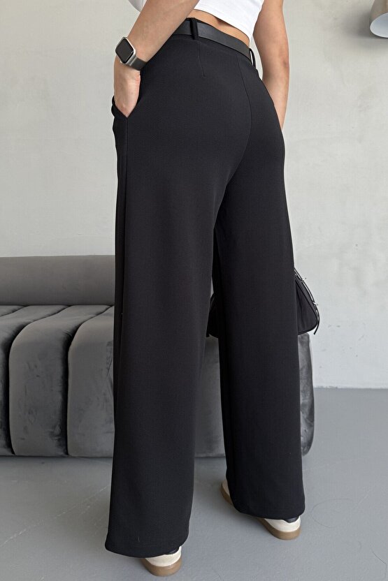 Yüksek Bel Bol Paça Kemerli Likralı Kadın Palazzo Pantolon - Siyah