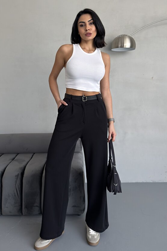 Yüksek Bel Bol Paça Kemerli Likralı Kadın Palazzo Pantolon - Siyah