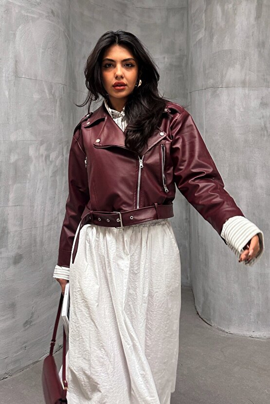 Kemerli Bordo Crop Deri Ceket