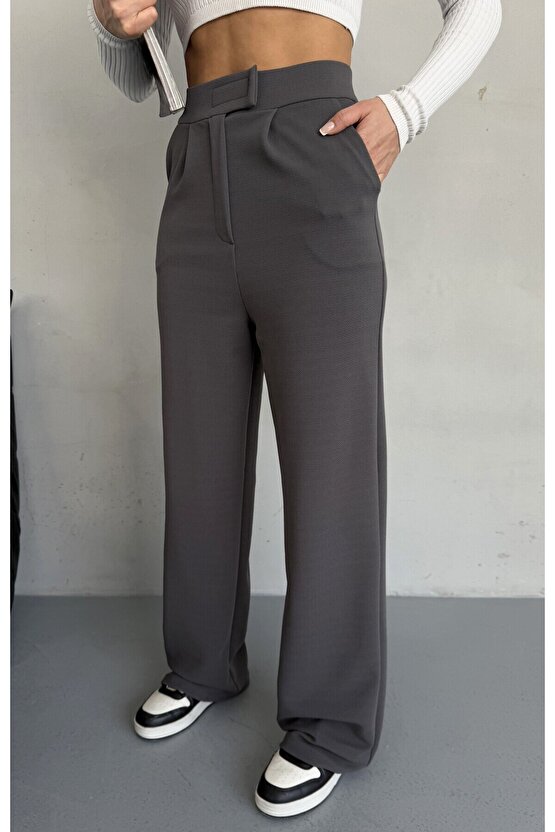 Kadın Yüksek Bel Cırt Kapamalı Likralı Antasit Palazzo Pantolon - Günlük Rahat Kalıp