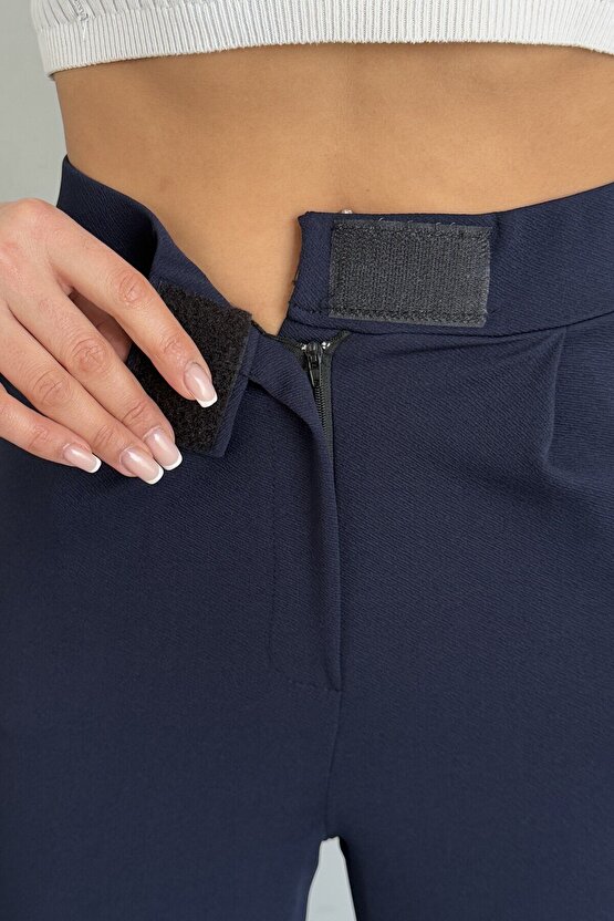 Kadın Yüksek Bel Cırt Kapamalı Likralı Lacivert Palazzo Pantolon - Günlük Rahat Kalıp