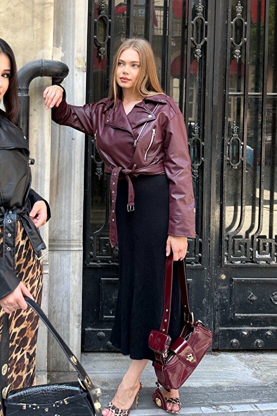 Kemerli Oversize Crop Deri Ceket