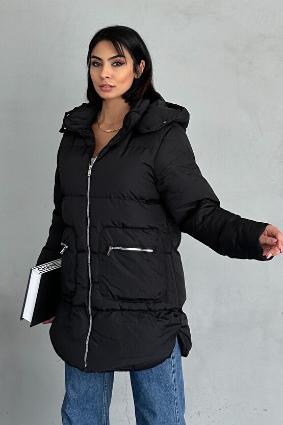 Kadın Kapüşonlu Şişme Uzun Mont