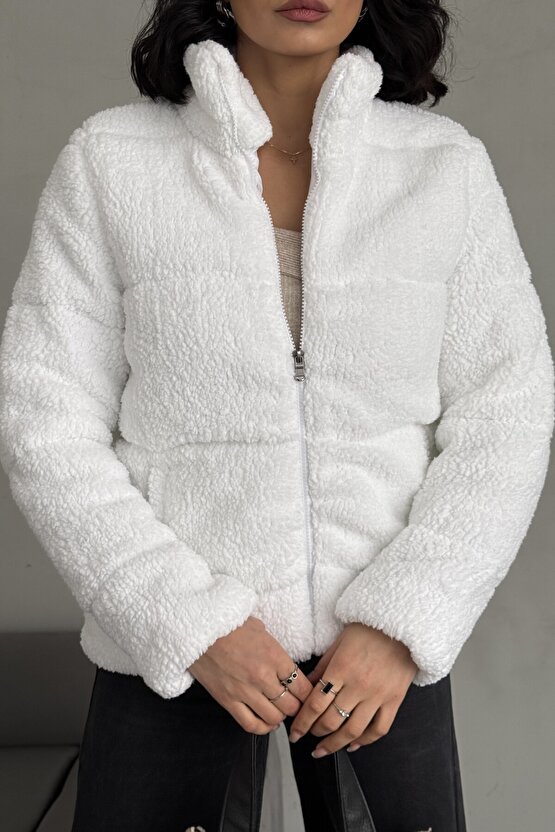 Peluş Kabartma Teddy Kadın Şişme Mont Ekru