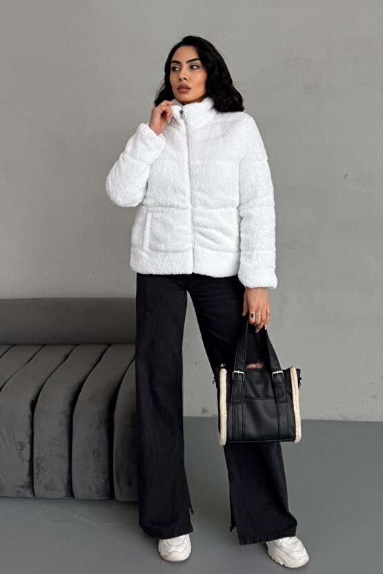 Peluş Kabartma Teddy Kadın Şişme Mont Ekru