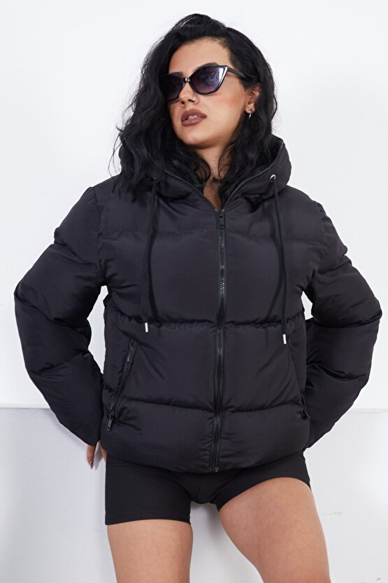 Kadın Kapüşonlu Şişme Mont - Yakası Bağcıklı