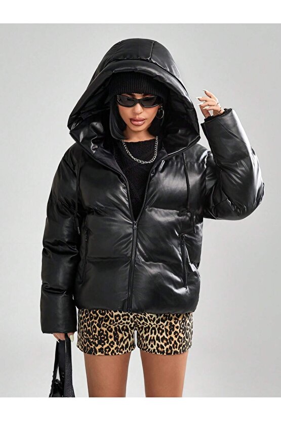 Kadın Kapüşonlu Şişme Deri Mont