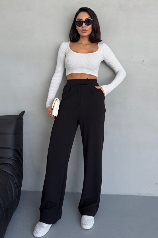 Kadın Siyah Palazzo Pantolon – Yüksek Bel Likralı Cırt Kapama