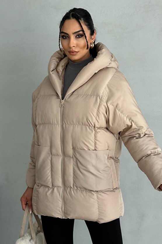 Puffer Yarasa Şişme Bej Oversize Mont