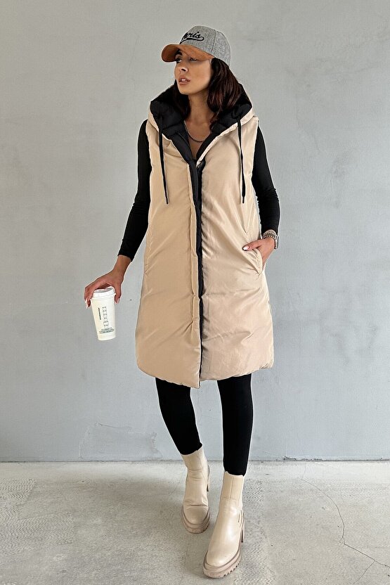 Kadın Çift Taraflı Uzun Şişme Yelek Kapüşonlu Oversize - Siyah, Bej