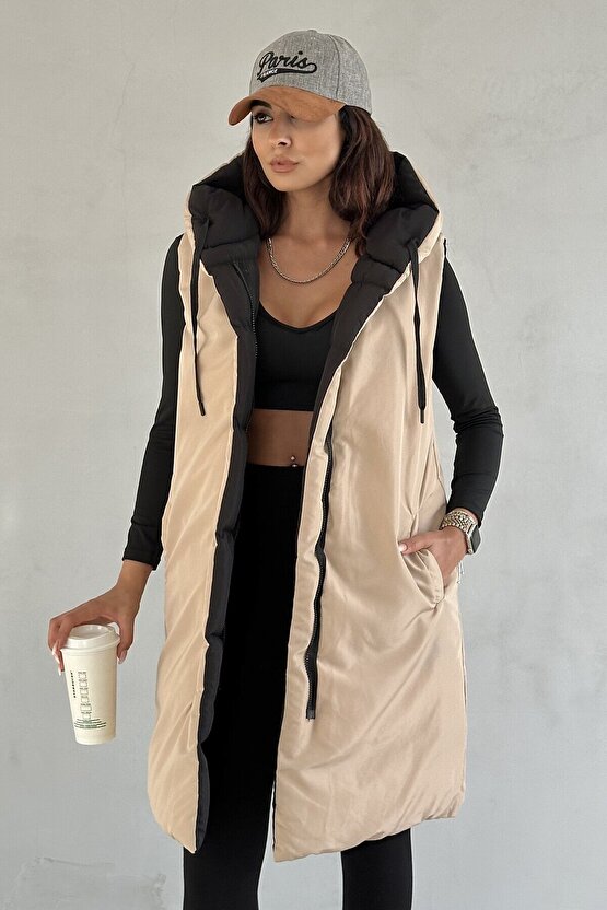 Kadın Çift Taraflı Uzun Şişme Yelek Kapüşonlu Oversize - Siyah, Bej
