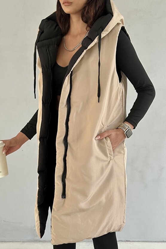 Kadın Çift Taraflı Uzun Şişme Yelek Kapüşonlu Oversize - Siyah, Bej