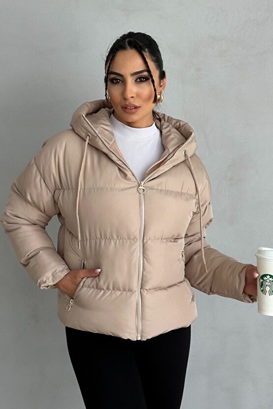 Kadın Kapüşonlu Şişme Mont - Yakası Bağcıklı