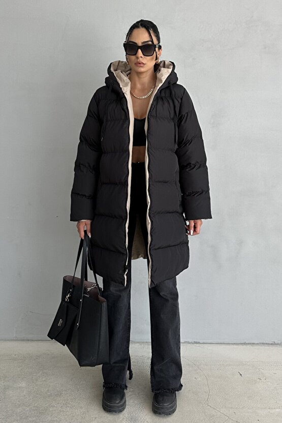 Çift Taraflı Oversize Kadın Şişme Mont – Kapüşonlu Regular Fit, SiyahBej