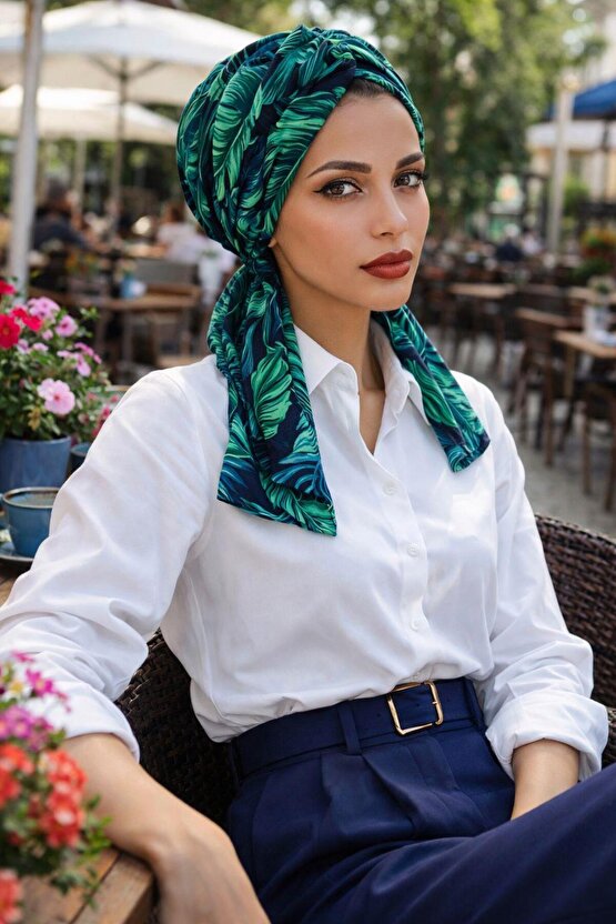 Siyah Yeşil Yaprak Büzgülü Eşarp Bone