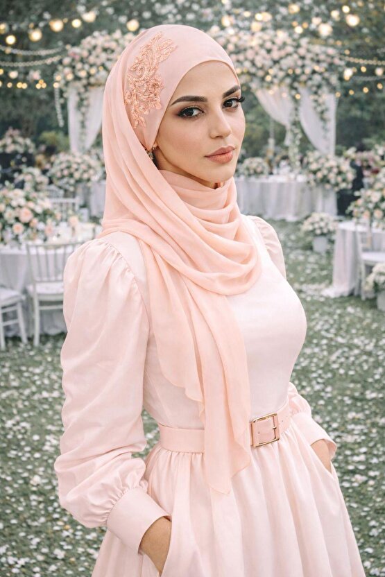 Somon Nakışlı Bandana Abiye Şal