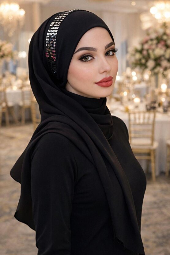 Siyah Gümüş Payetli Bandana Abiye Şal