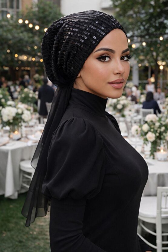 Siyah Payet Abiye Eşarp Bone