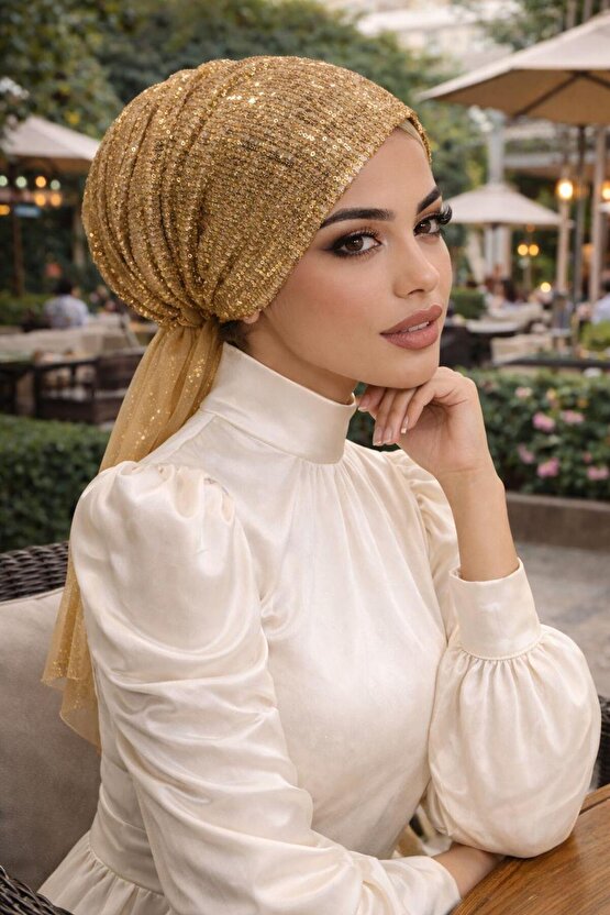 Gold Payetli Abiye Eşarp Bone