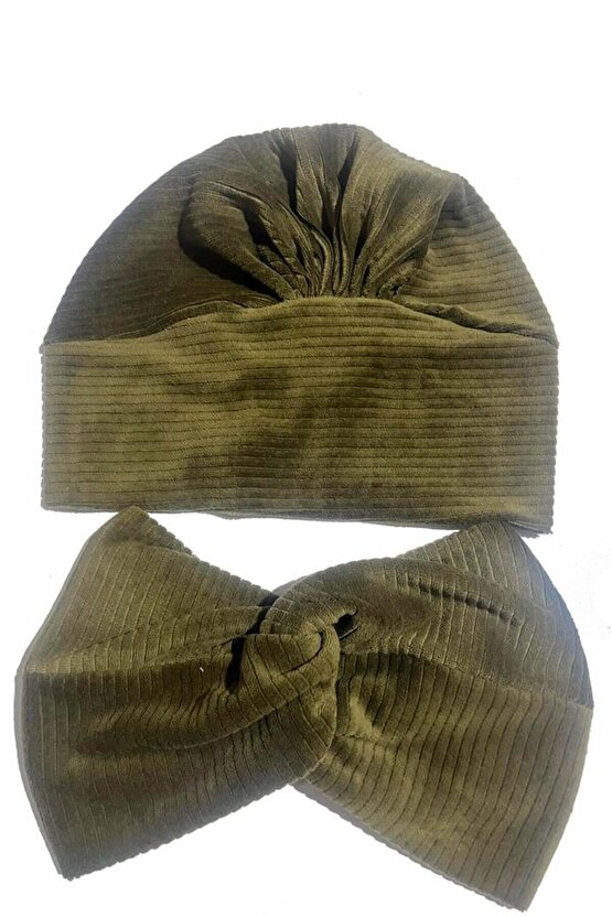 Haki Kadife Burgu Bantlı Hazır Bone