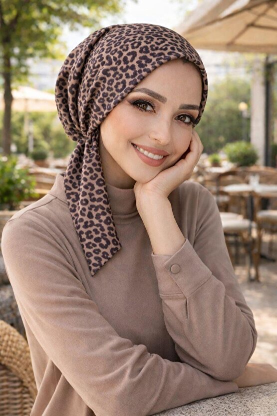 Kahve Leopar Eşarp Bone