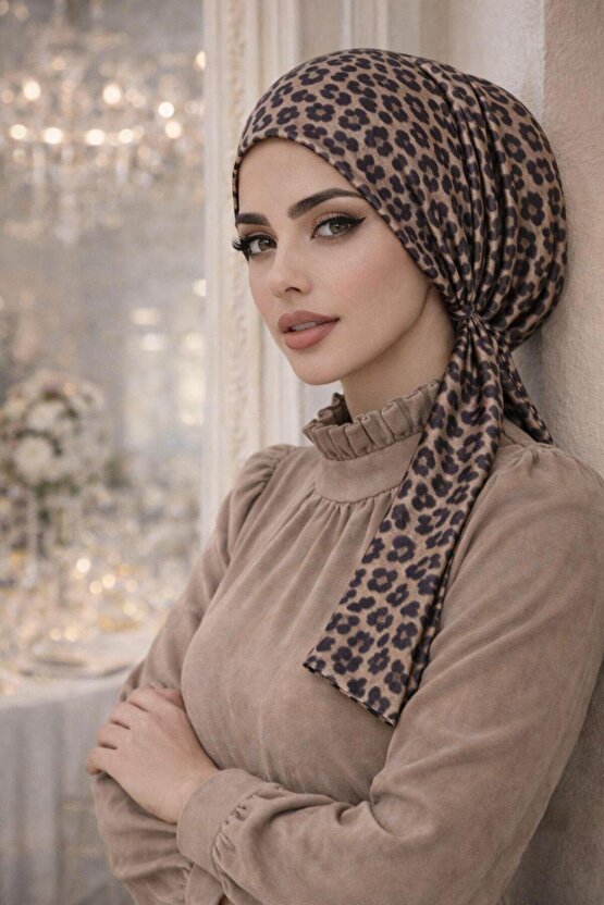 Kahve Leopar Eşarp Bone