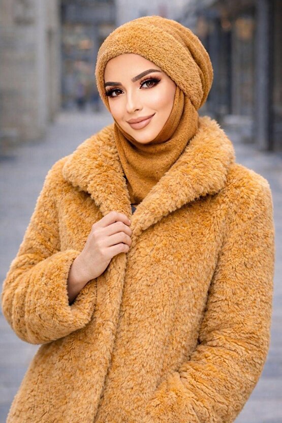 Hardal Karyağdı Çıkartılabilir Kürklü Maskeli Bere