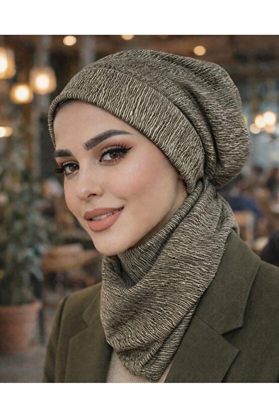 Haki Bej Desen Tesettür Bere Bone ve Çıtçıtlı Etol Takım