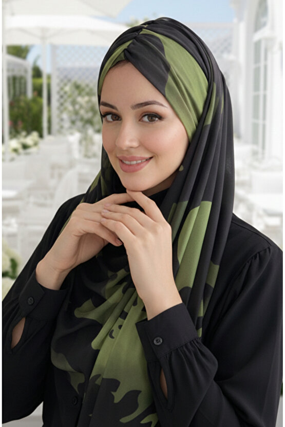 Haki Siyah Desenli Hazır Şal