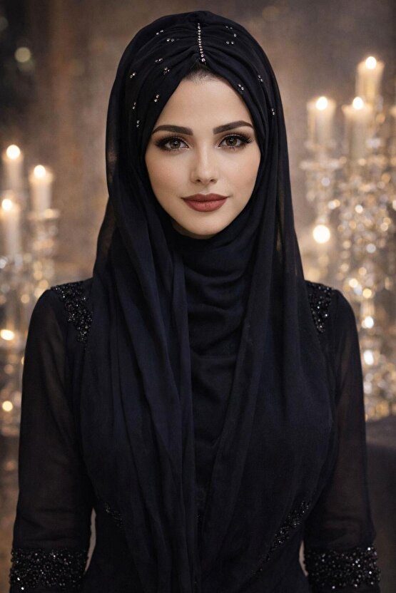 Siyah Taş Detaylı Abiye Şal