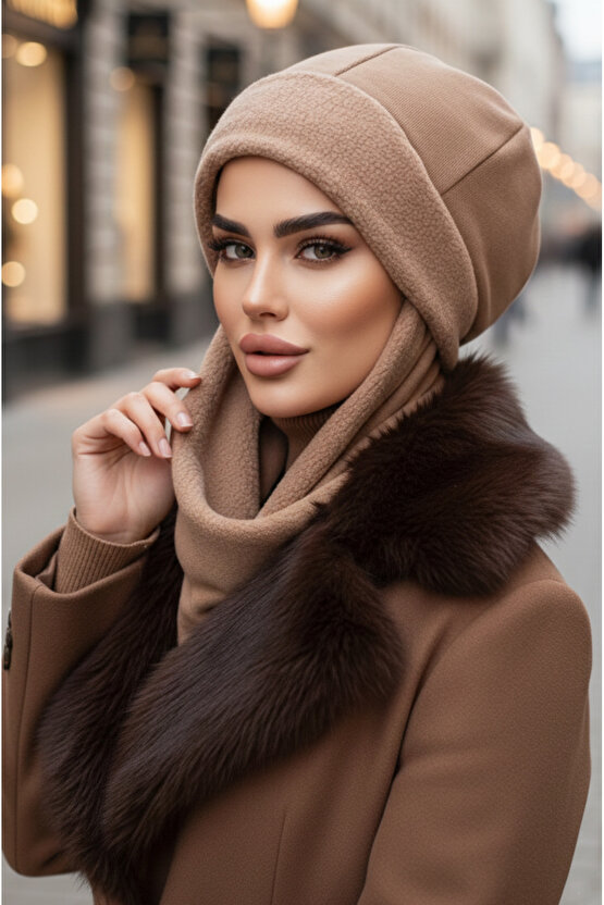 Camel Atkılı Tesettür Bere  UZUN ATKILI