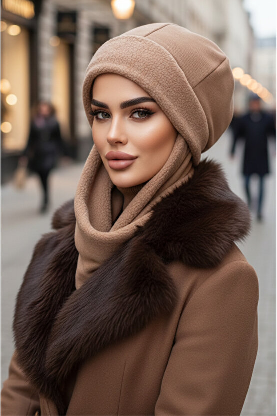 Camel Atkılı Tesettür Bere  UZUN ATKILI