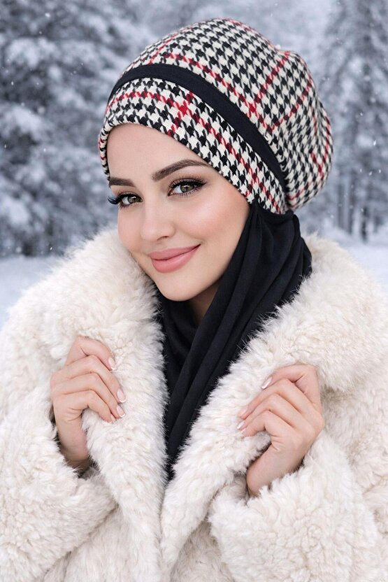 Siyah Kırmızı Kazayağı Tesettür Bere Şal