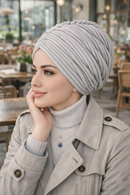 Gri Çizgili Büzgülü Salaş Bone