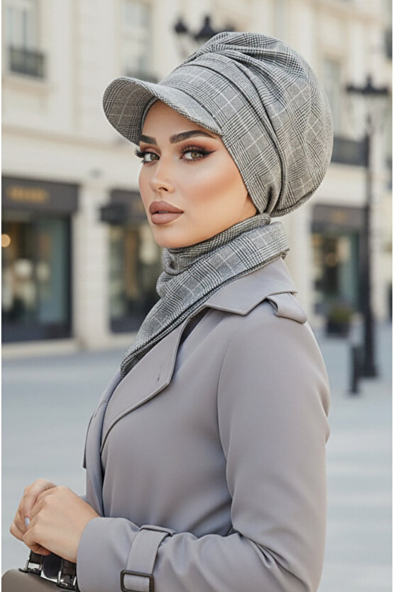 Gri Ekose Büzgülü Tesettür Şapka ve Etol Takım
