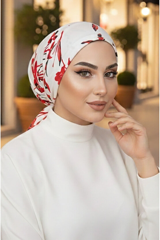 Beyaz Kırmızı Çiçekli Eşarp Bone