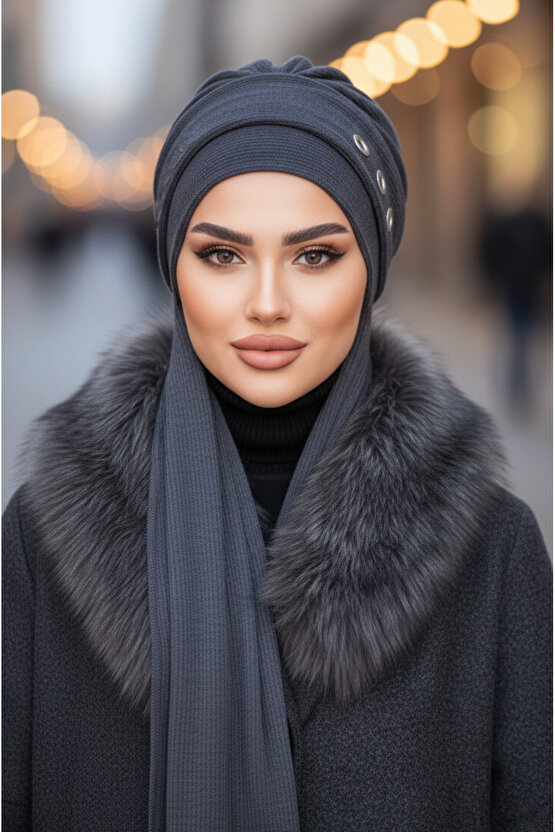 Antrasit Metal Detaylı Kışlık Atkılı Bone